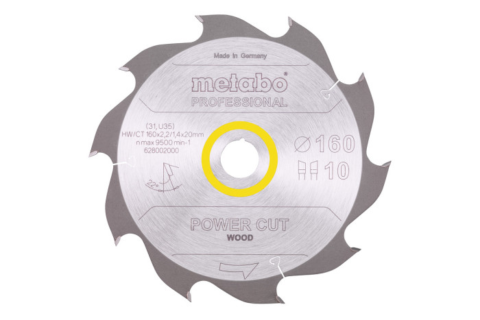 Купить Пильное полотно Metabo «Power Cut Wood — Professional», 160х20, Z10 WZ 22° (628002000). Официальный магазин Metabo, фирменная гарантия с доставкой по Украине.