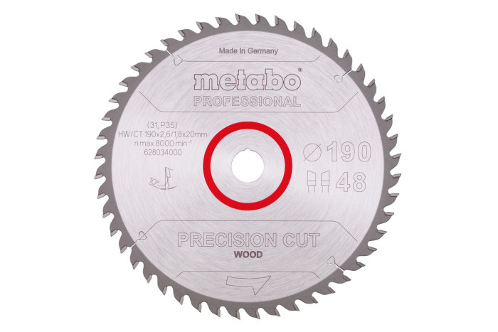 Купить Пильное полотно Metabo «Presicion cut wood — professional», 190x20, Z48 WZ 10° (628034000). Официальный магазин Metabo, фирменная гарантия с доставкой по Украине.