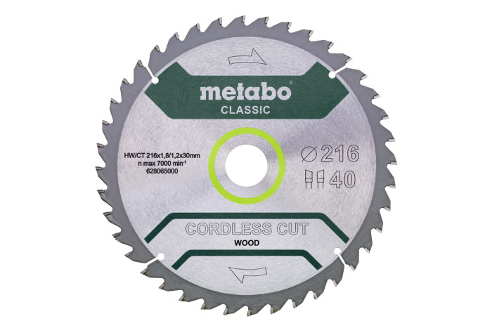 Купити Пилкове полотно Metabo «Cordless Cut Wood — Classic», 216X30 Z40 WZ 5° (628065000). Офіційний магазин Metabo, фірмова гарантія з доставкою по Украіні