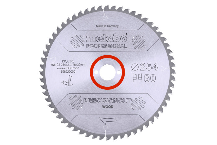 Купить Пильное полотно Metabo «Precision Cut Wood — Professional», 254x30, Z60 WZ 5° neg. (628222000). Официальный магазин Metabo, фирменная гарантия с доставкой по Украине.