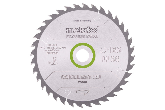 Купить Пильное полотно Metabo «Cordless Cut Wood — professoinal», 165x20 Z36 WZ 15° (628295000). Официальный магазин Metabo, фирменная гарантия с доставкой по Украине.