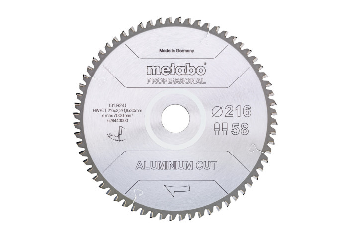 Купить Пильное полотно Metabo «Aluminium Cut — Professional», 216x30 Z58 FZ/TZ 5° neg (628443000). Официальный магазин Metabo, фирменная гарантия с доставкой по Украине.