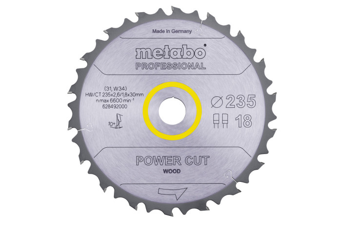Купить Пильное полотно Metabo «Power Cut Wood — Professional», 235x30 Z18 FZ/FA 10° (628492000). Официальный магазин Metabo, фирменная гарантия с доставкой по Украине.