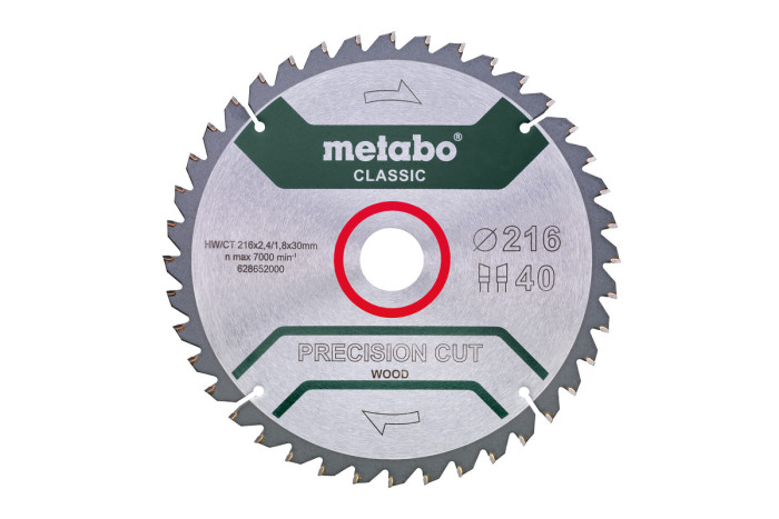 Купить Пильное полотно Metabo «Precision Cut Wood — Classic», 216x30 Z40 WZ 5°neg /B (628652000). Официальный магазин Metabo, фирменная гарантия с доставкой по Украине.