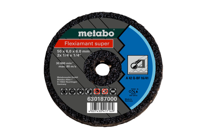 Купить Универсальный абразивный диск Metabo для стали Flexiamant Super 50x6x6 мм (630187000). Официальный магазин Metabo, фирменная гарантия с доставкой по Украине.
